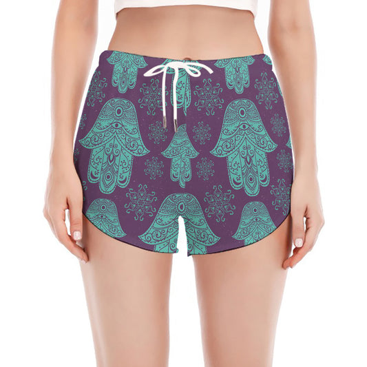 Turquoise Hamsa Pattern Print Women's Split Running Shorts