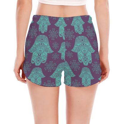 Turquoise Hamsa Pattern Print Women's Split Running Shorts