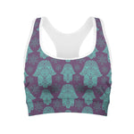 Turquoise Hamsa Pattern Print Women's Sports Bra
