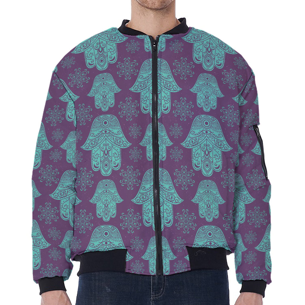 Turquoise Hamsa Pattern Print Zip Sleeve Bomber Jacket