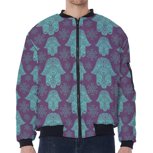 Turquoise Hamsa Pattern Print Zip Sleeve Bomber Jacket