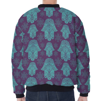 Turquoise Hamsa Pattern Print Zip Sleeve Bomber Jacket