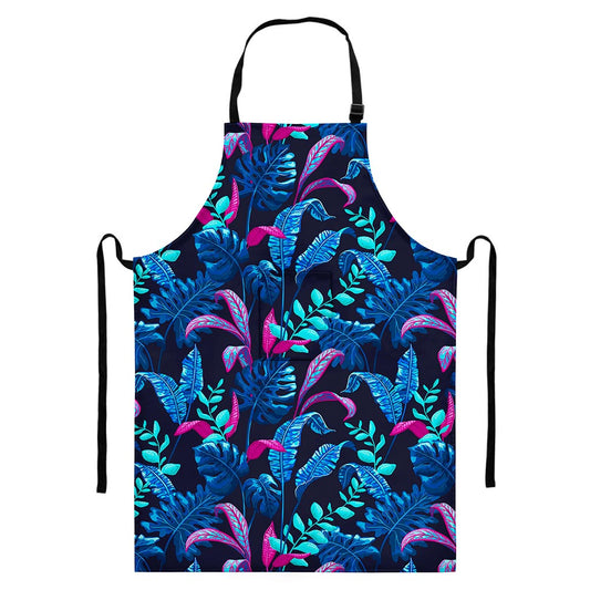 Turquoise Hawaii Tropical Pattern Print Bib Apron With Pocket