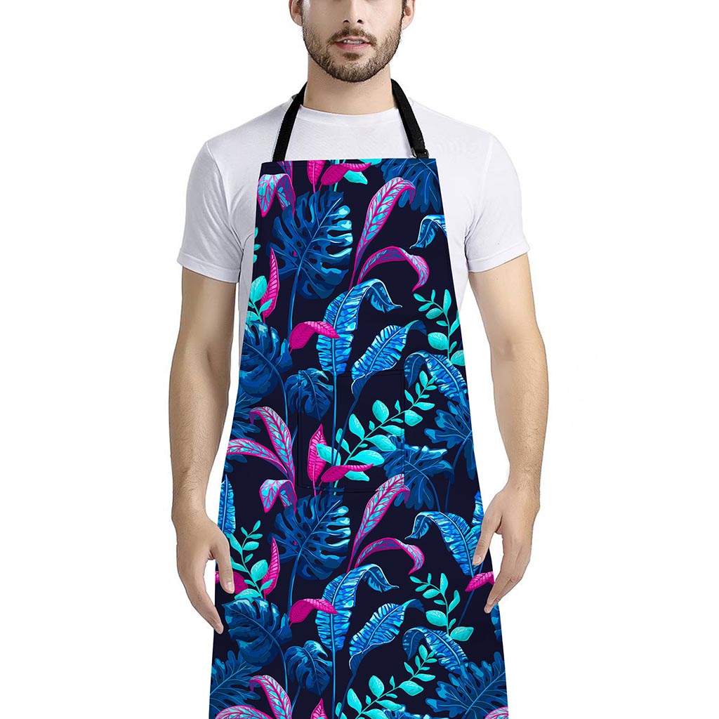 Turquoise Hawaii Tropical Pattern Print Bib Apron With Pocket