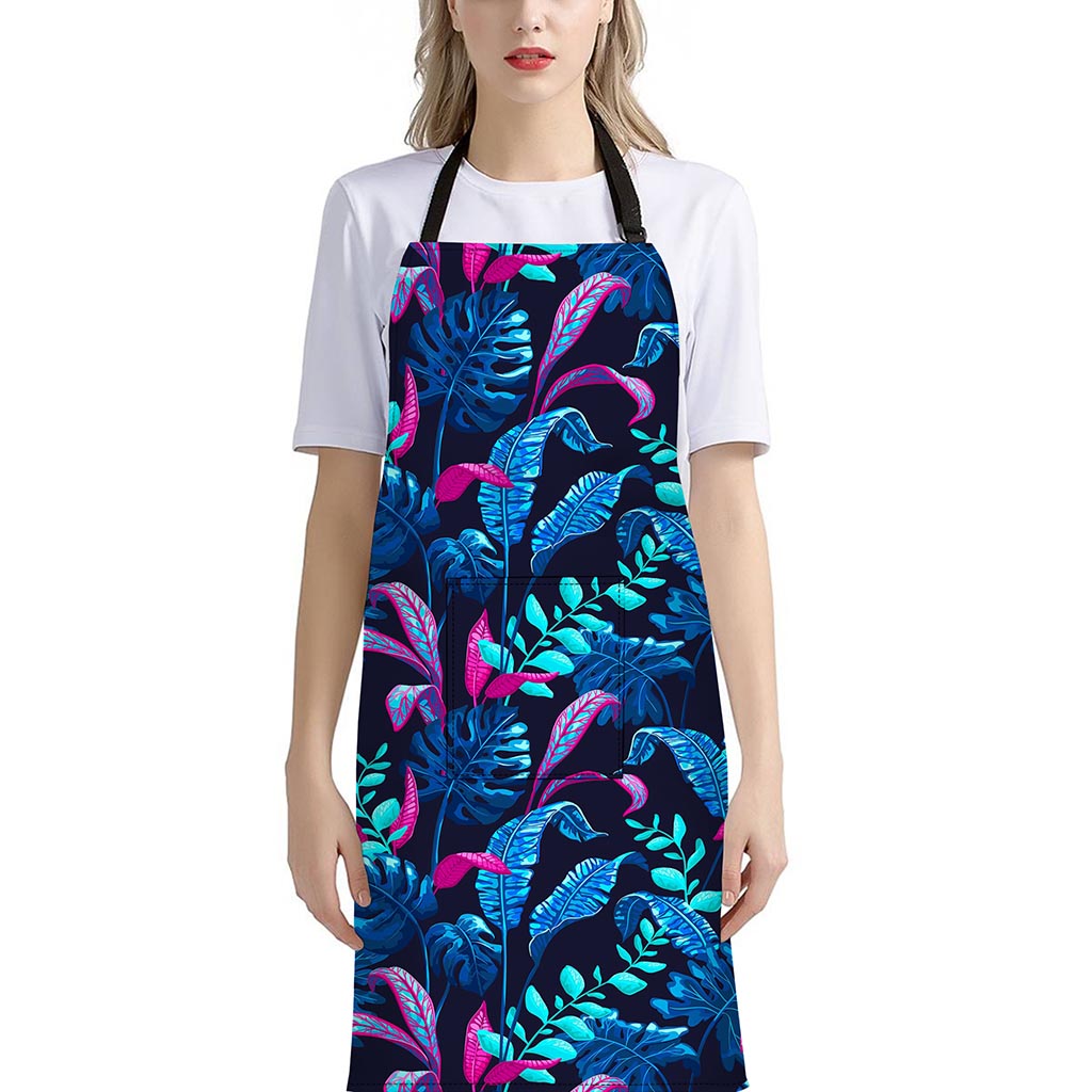 Turquoise Hawaii Tropical Pattern Print Bib Apron With Pocket