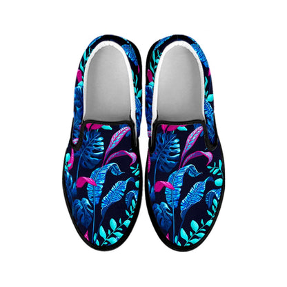 Turquoise Hawaii Tropical Pattern Print Black Slip On Sneakers