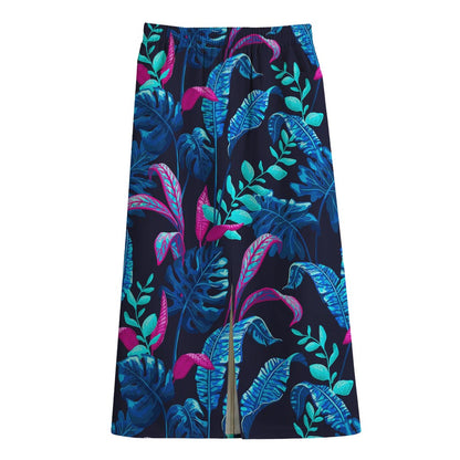 Turquoise Hawaii Tropical Pattern Print Cotton Front Slit Maxi Skirt