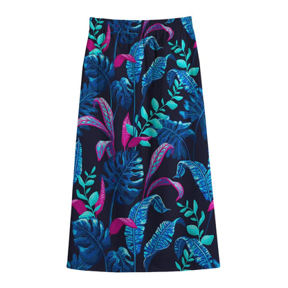 Turquoise Hawaii Tropical Pattern Print Cotton Front Slit Maxi Skirt