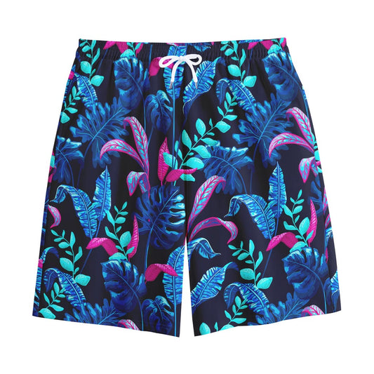 Turquoise Hawaii Tropical Pattern Print Cotton Shorts