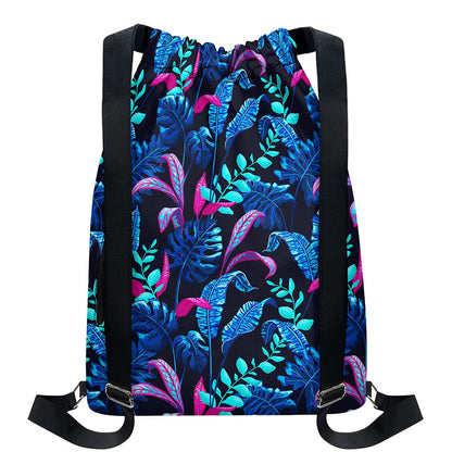 Turquoise Hawaii Tropical Pattern Print Drawstring Backpack