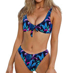 Turquoise Hawaii Tropical Pattern Print Front Bow Tie Bikini