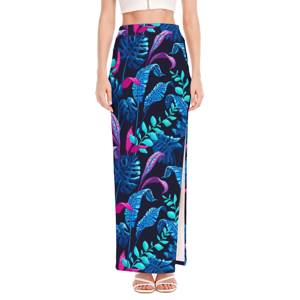 Turquoise Hawaii Tropical Pattern Print High Slit Maxi Skirt