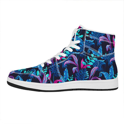 Turquoise Hawaii Tropical Pattern Print High Top Leather Sneakers