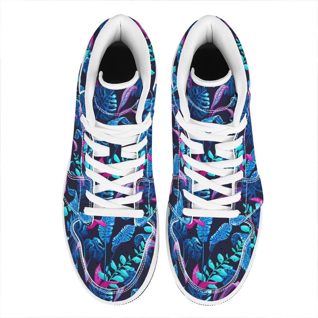 Turquoise Hawaii Tropical Pattern Print High Top Leather Sneakers