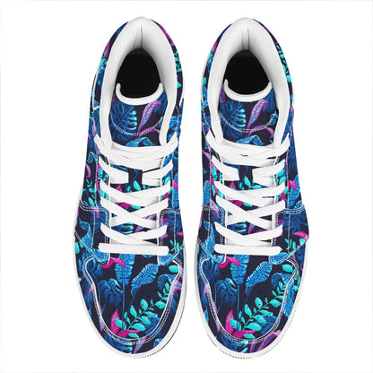 Turquoise Hawaii Tropical Pattern Print High Top Leather Sneakers