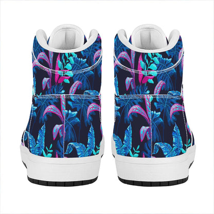 Turquoise Hawaii Tropical Pattern Print High Top Leather Sneakers