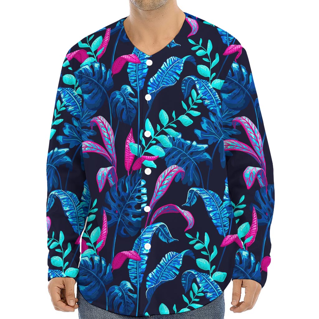 Turquoise Hawaii Tropical Pattern Print Long Sleeve Baseball Jersey