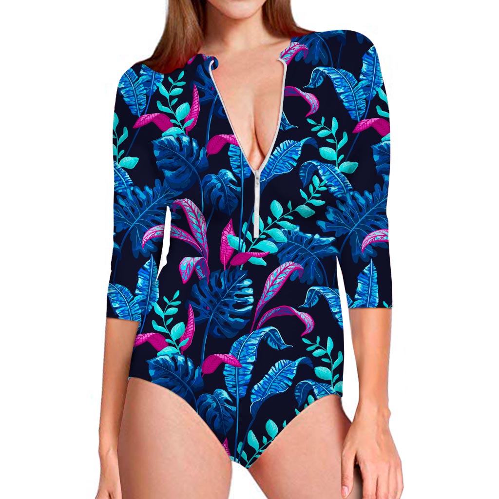Turquoise Hawaii Tropical Pattern Print Long Sleeve Swimsuit