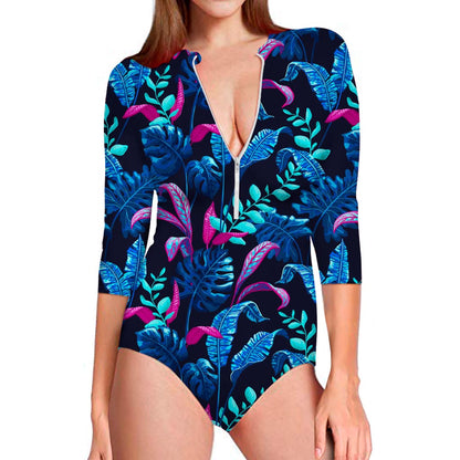 Turquoise Hawaii Tropical Pattern Print Long Sleeve Swimsuit
