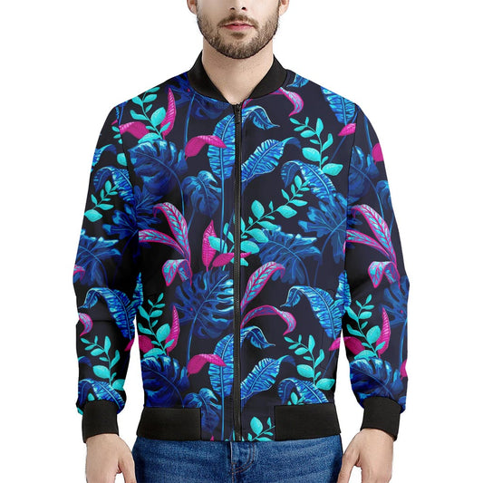Turquoise Hawaii Tropical Pattern Print Men's Bomber Jacket