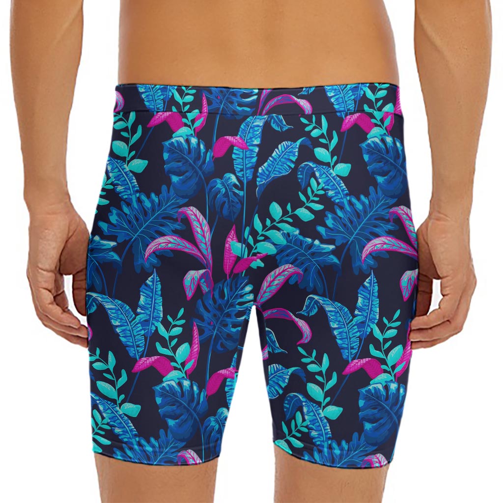 Turquoise Hawaii Tropical Pattern Print Men's Long Boxer Briefs