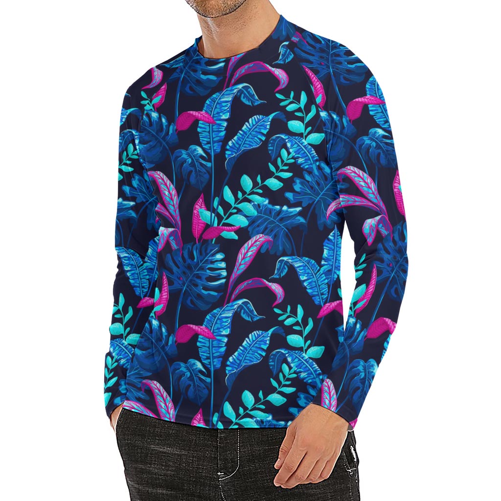 Turquoise Hawaii Tropical Pattern Print Men's Long Sleeve Rash Guard