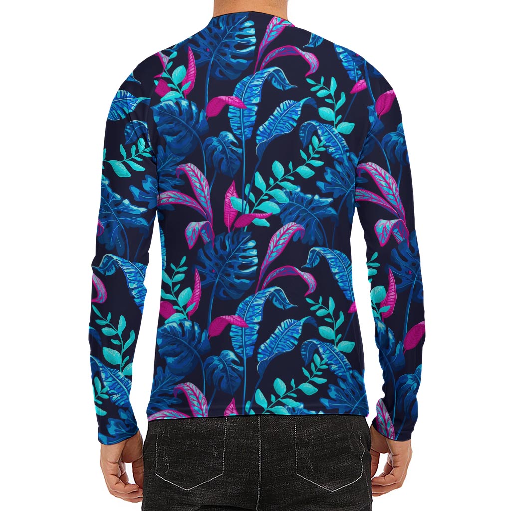Turquoise Hawaii Tropical Pattern Print Men's Long Sleeve Rash Guard