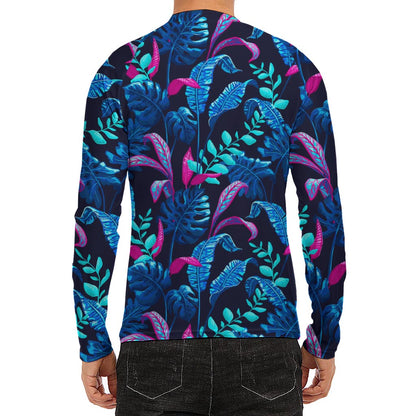 Turquoise Hawaii Tropical Pattern Print Men's Long Sleeve Rash Guard