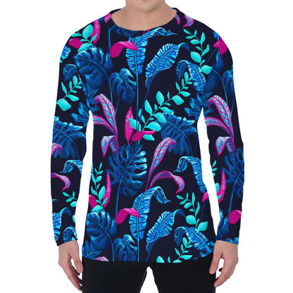 Turquoise Hawaii Tropical Pattern Print Men's Long Sleeve T-Shirt