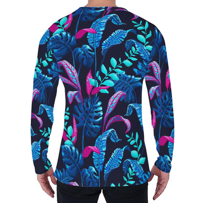 Turquoise Hawaii Tropical Pattern Print Men's Long Sleeve T-Shirt