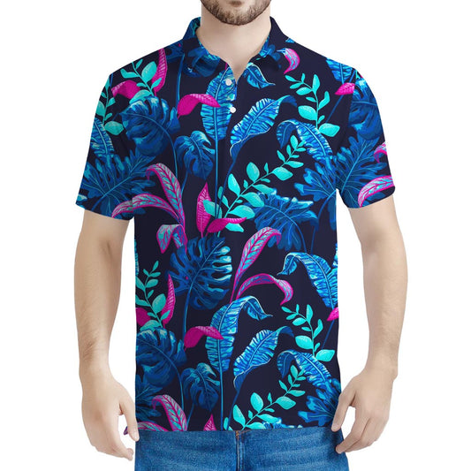 Turquoise Hawaii Tropical Pattern Print Men's Polo Shirt