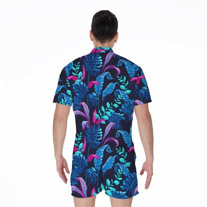 Turquoise Hawaii Tropical Pattern Print Men's Rompers