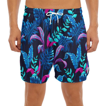 Turquoise Hawaii Tropical Pattern Print Men's Split Running Shorts