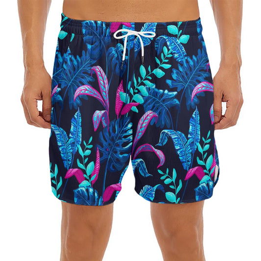 Turquoise Hawaii Tropical Pattern Print Men's Split Running Shorts
