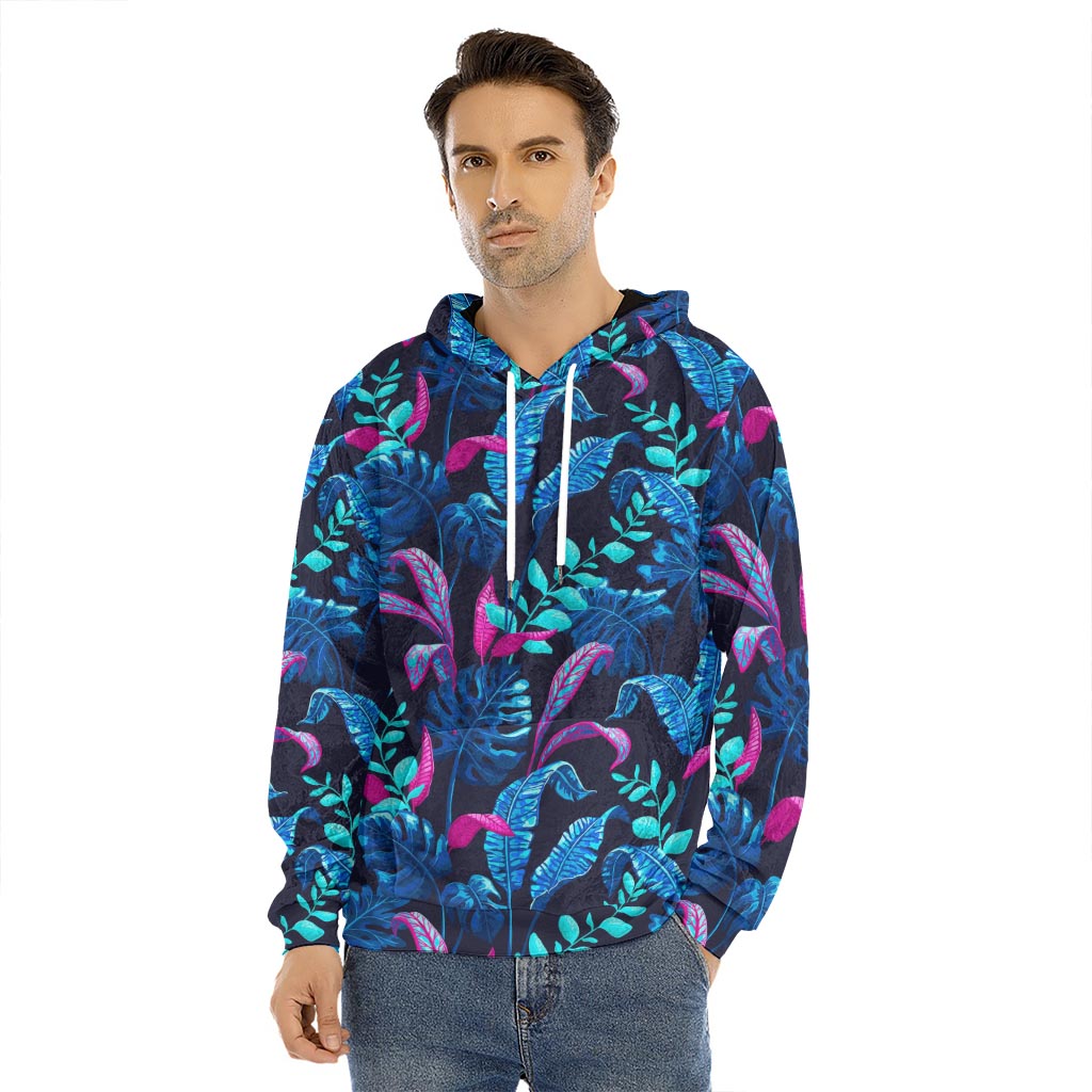Turquoise Hawaii Tropical Pattern Print Men's Velvet Pullover Hoodie