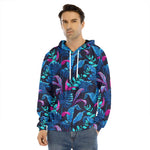 Turquoise Hawaii Tropical Pattern Print Men's Velvet Pullover Hoodie