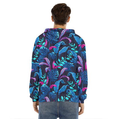 Turquoise Hawaii Tropical Pattern Print Men's Velvet Pullover Hoodie