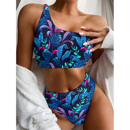 Turquoise Hawaii Tropical Pattern Print One Shoulder Bikini Top