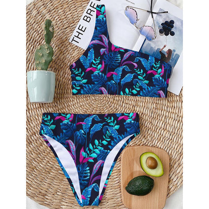 Turquoise Hawaii Tropical Pattern Print One Shoulder Bikini Top