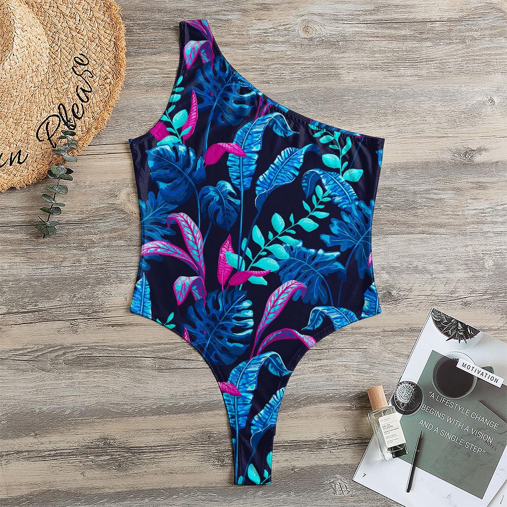 Turquoise Hawaii Tropical Pattern Print One Shoulder Bodysuit