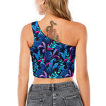 Turquoise Hawaii Tropical Pattern Print One Shoulder Crop Top
