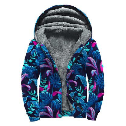 Turquoise Hawaii Tropical Pattern Print Sherpa Lined Zip Up Hoodie