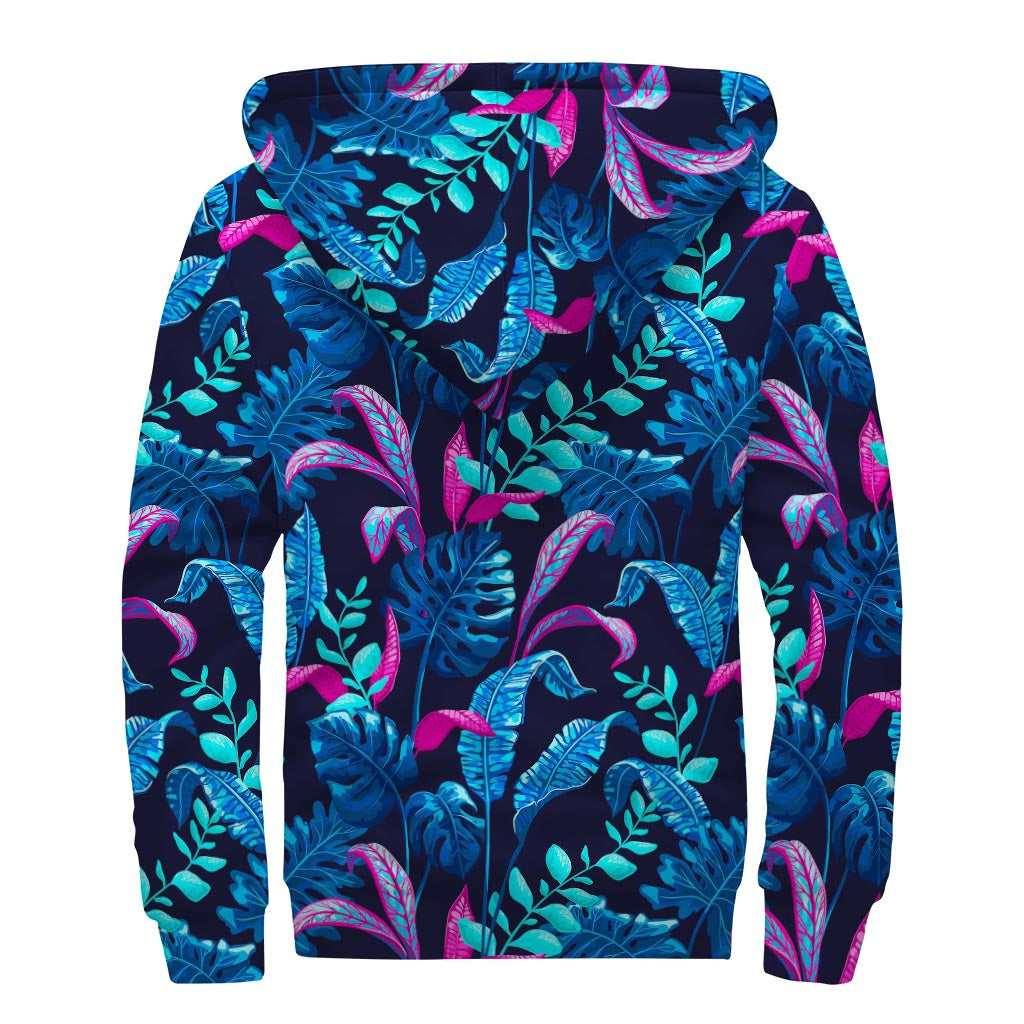 Turquoise Hawaii Tropical Pattern Print Sherpa Lined Zip Up Hoodie