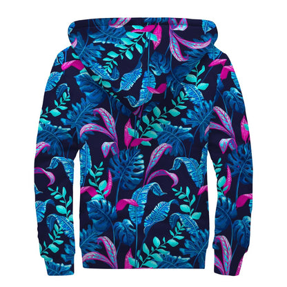 Turquoise Hawaii Tropical Pattern Print Sherpa Lined Zip Up Hoodie