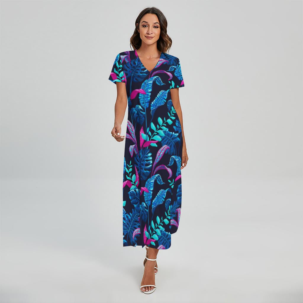 Turquoise Hawaii Tropical Pattern Print Short Sleeve Maxi Dress