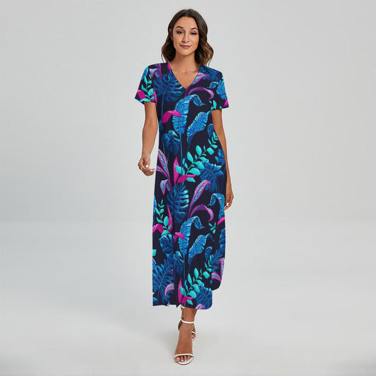 Turquoise Hawaii Tropical Pattern Print Short Sleeve Maxi Dress