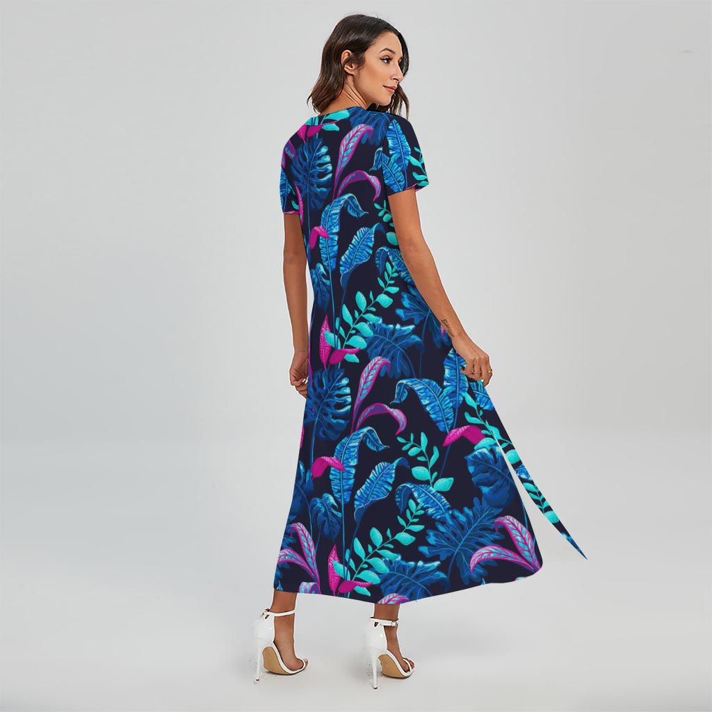 Turquoise Hawaii Tropical Pattern Print Short Sleeve Maxi Dress