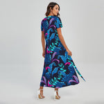 Turquoise Hawaii Tropical Pattern Print Short Sleeve Maxi Dress