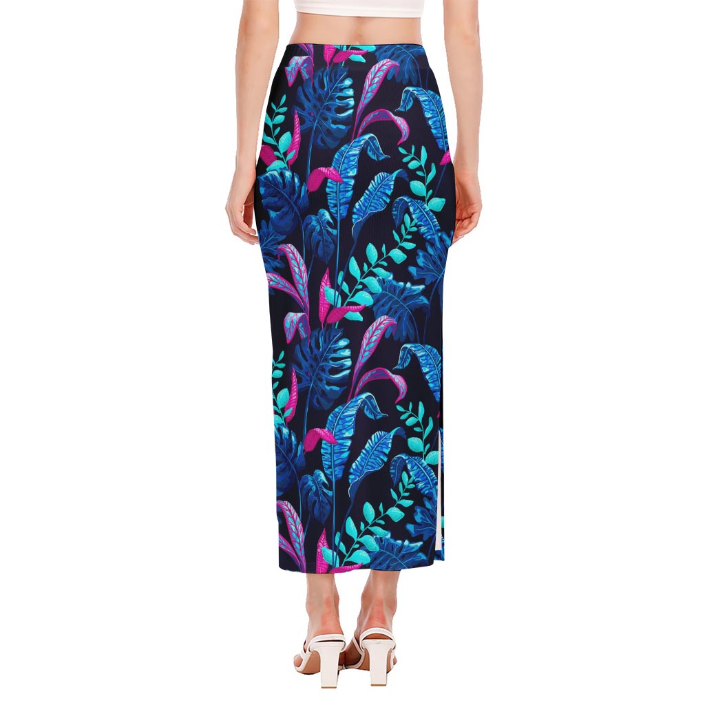 Turquoise Hawaii Tropical Pattern Print Side Slit Maxi Skirt