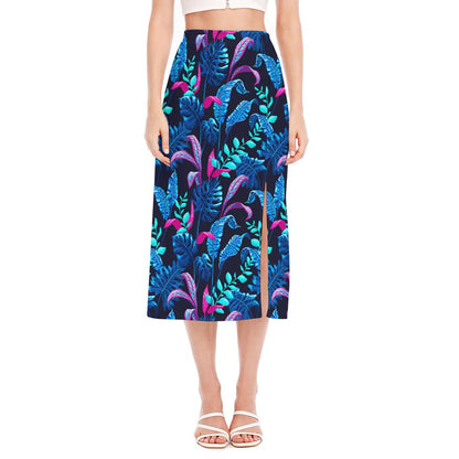 Turquoise Hawaii Tropical Pattern Print Side Slit Midi Skirt
